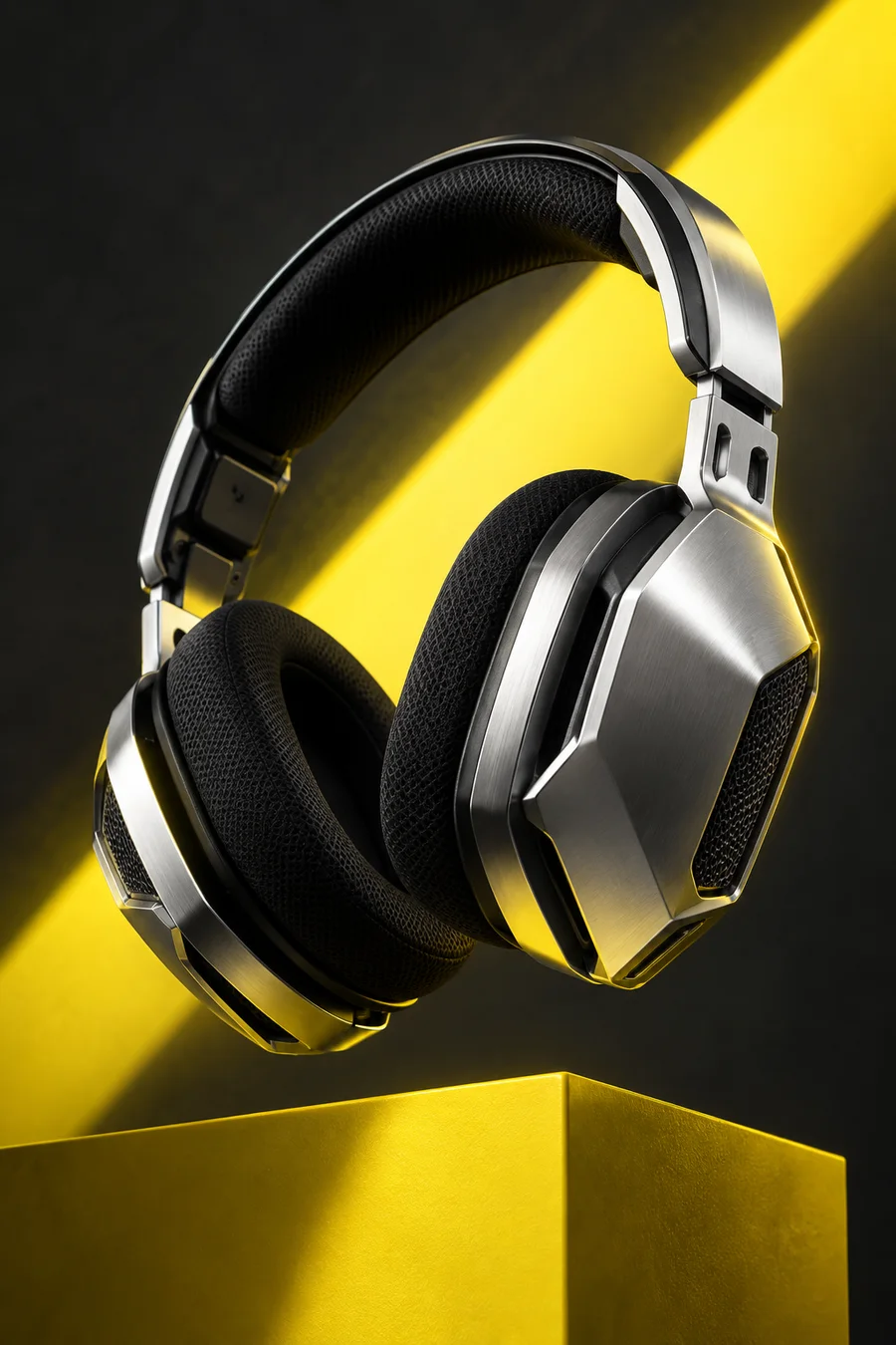 Illustration d'un casque gaming argenté sur un socle jaune